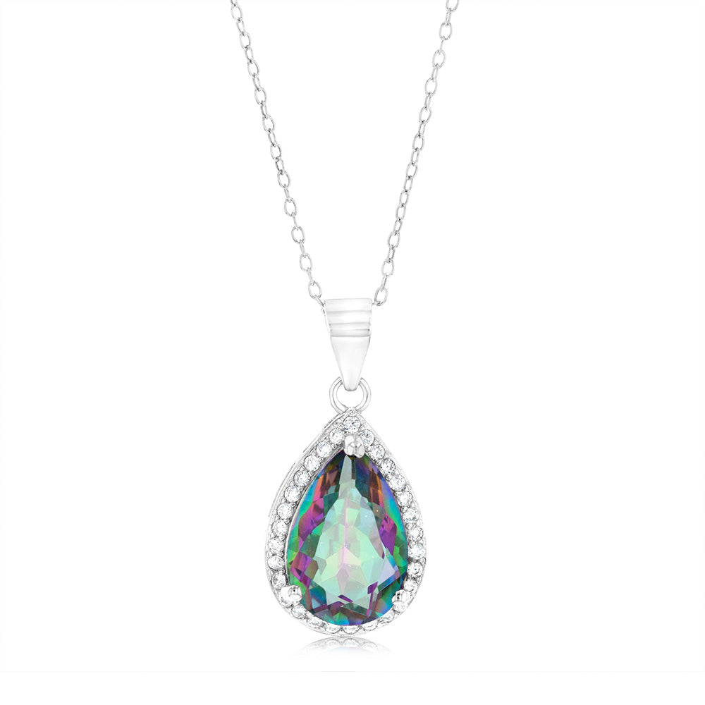 Sterling Silver Pear Mystic Quartz And Zirconia Pendant