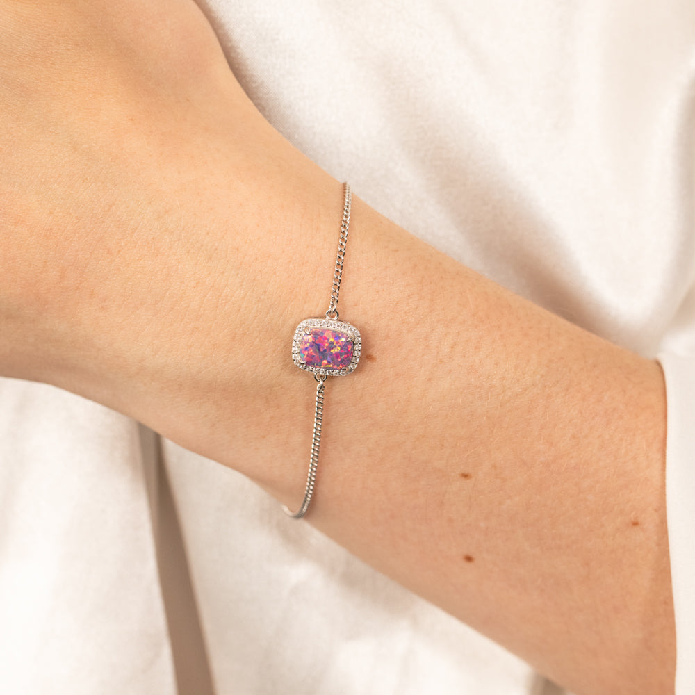 Sterling Silver Rhodium Plated Rectangle Created Purple Opal And White Zirconia 15.5+3cm Bracelet