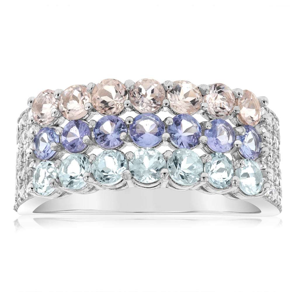 Aquamarine, Morganite, Tanzanite & White Zirconia Ring Set in Silver