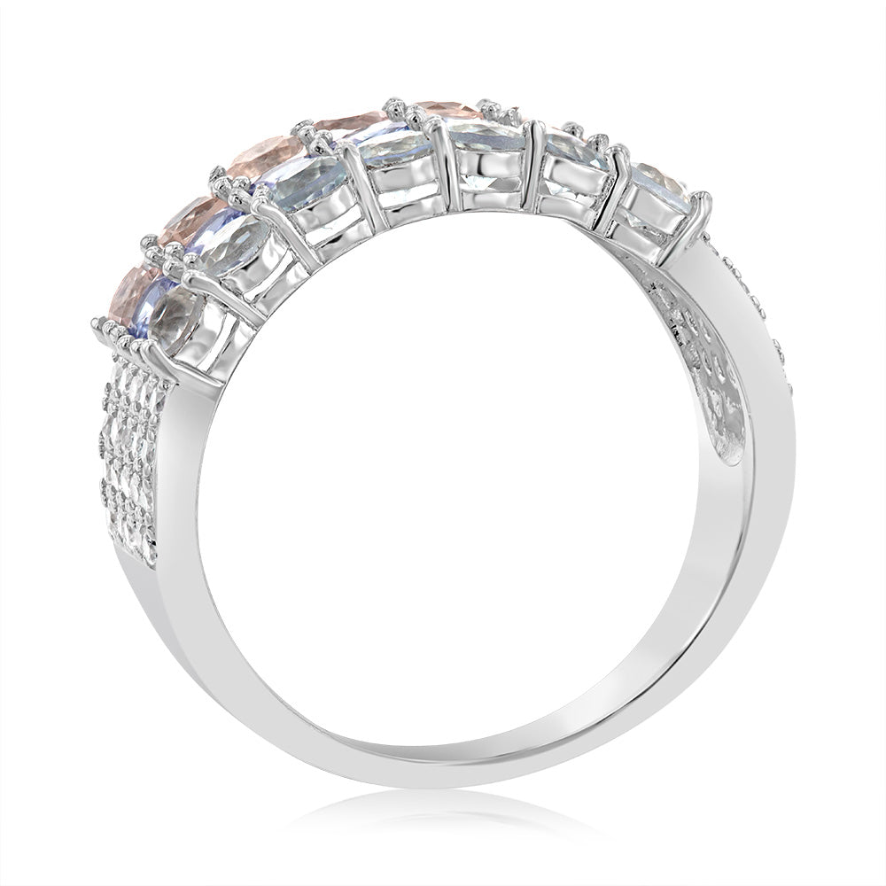 Aquamarine, Morganite, Tanzanite & White Zirconia Ring Set in Silver