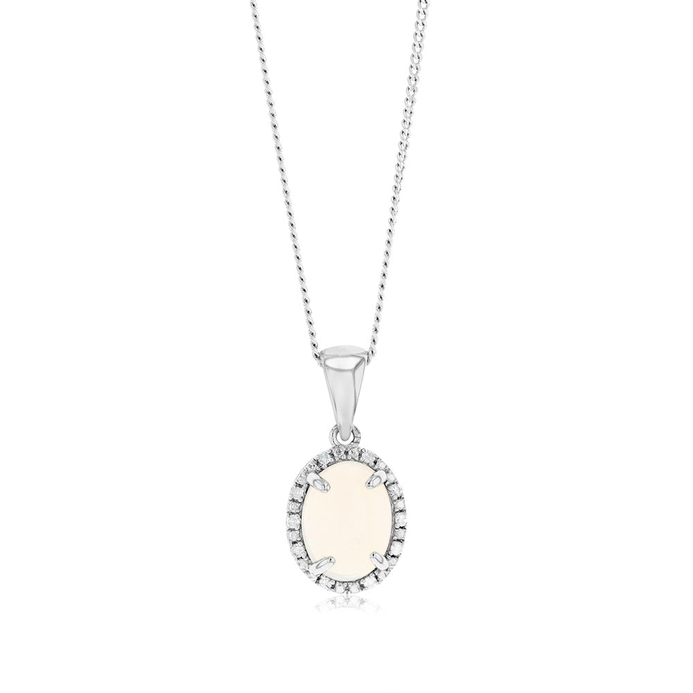 Opal & 5 Points Diamond Pendant in Sterling Silver