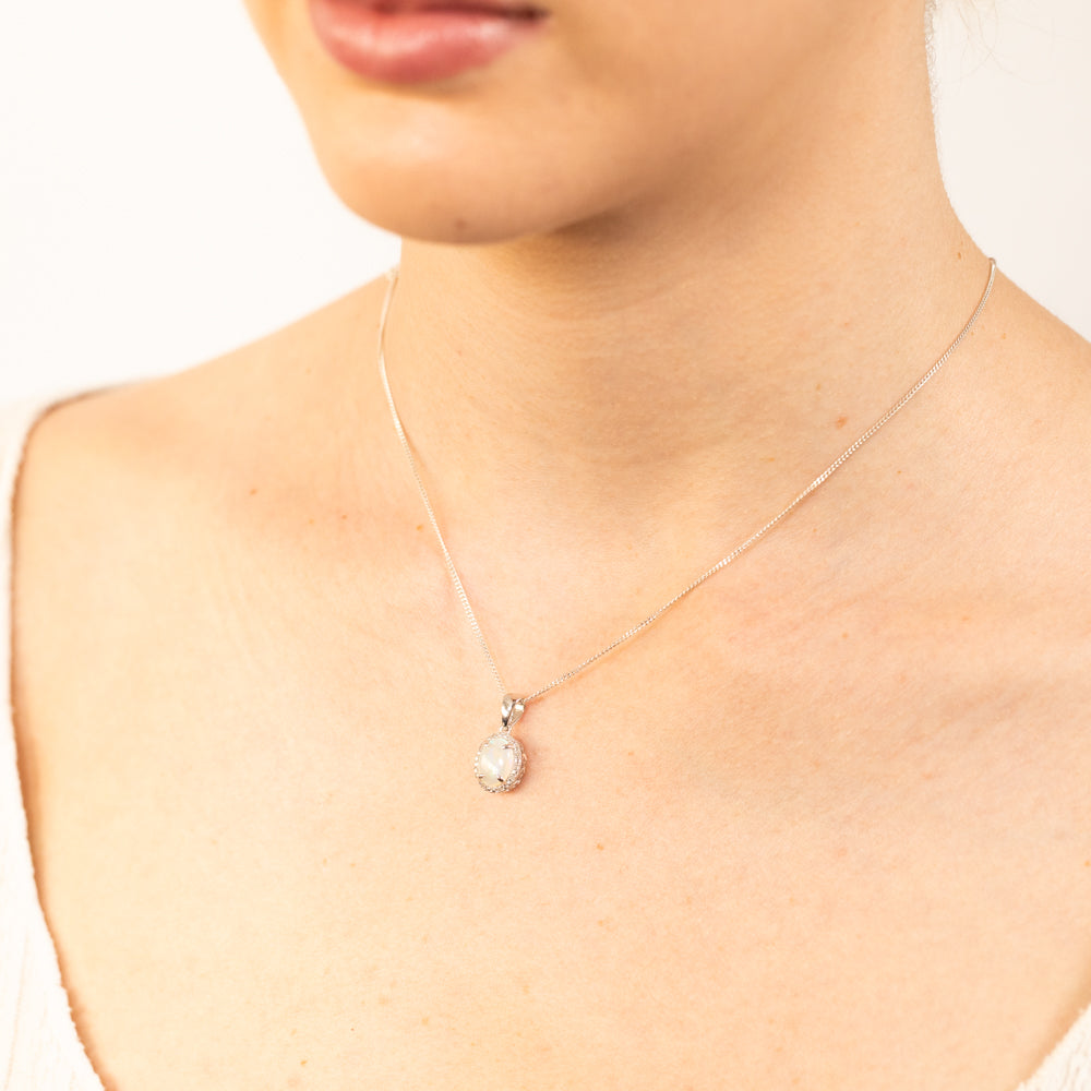 Opal & 5 Points Diamond Pendant in Sterling Silver