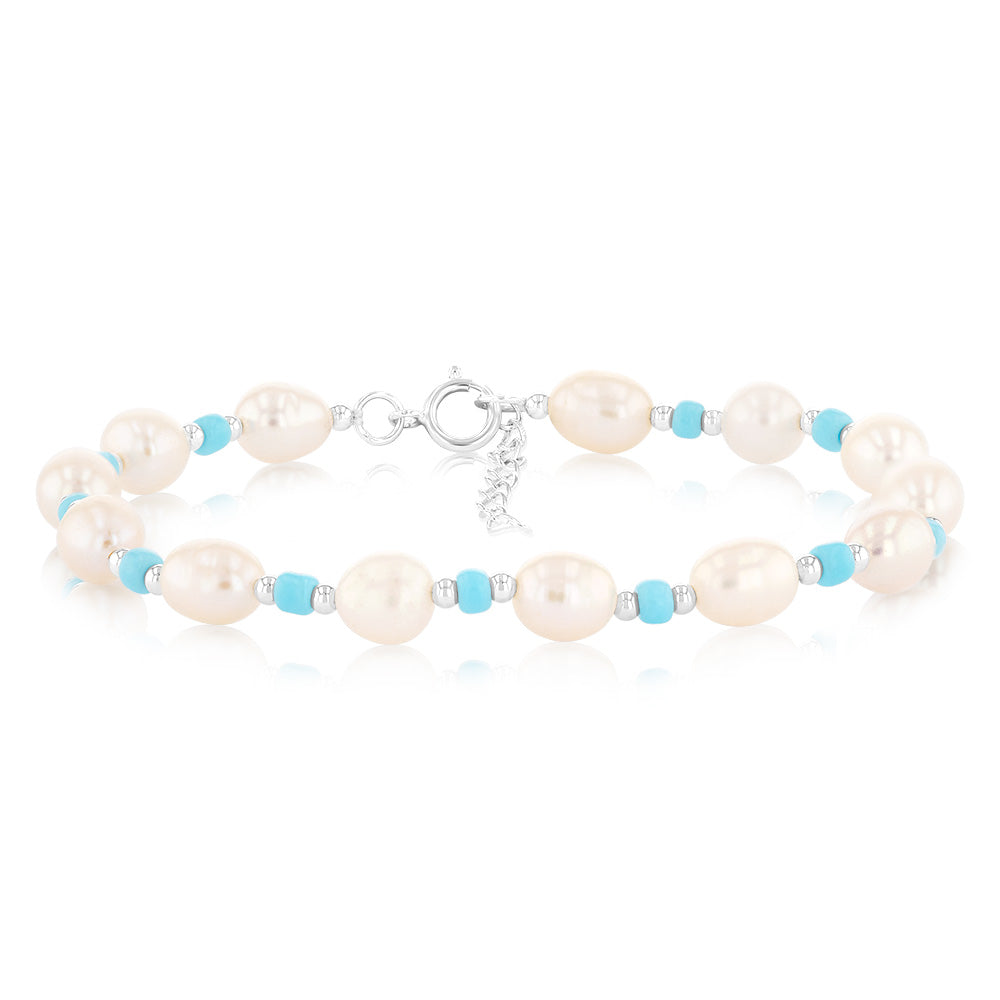 White Freshwater Pearl Bracelet with Blue & Silver Beads in Sterling Silver