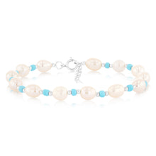 Load image into Gallery viewer, White Freshwater Pearl Bracelet with Blue &amp; Silver Beads in Sterling Silver