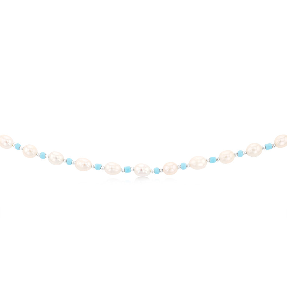 White Freshwater Pearl Chain with Blue & Silver Beads in Sterling Silver