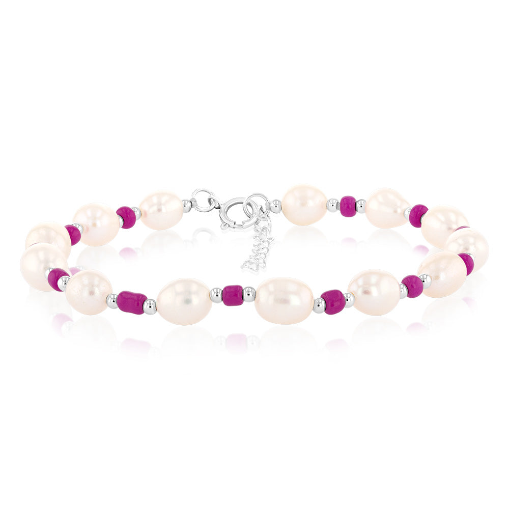 White Freshwater Pearl Bracelet with Pink & Silver Beads in Sterling Silver