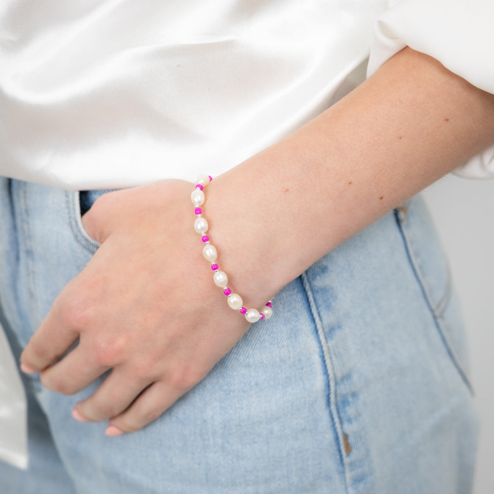 White Freshwater Pearl Bracelet with Pink & Silver Beads in Sterling Silver