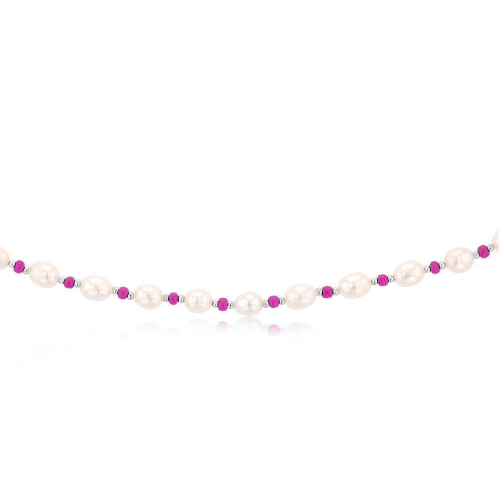 White Freshwater Pearl Chain with Pink & Silver Beads in Sterling Silver