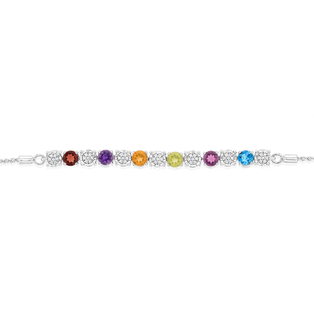 1.86Ct Mix Color Stone(Garnet, Amethyst, Citrine, Peridot, Rhodolite, London Blue Topaz) & 49 Diamond Bracelet in Sterling Silver