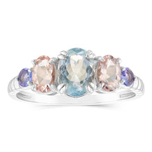 Load image into Gallery viewer, Sterling Silver 2.25Cts Aquamarine, 2 Morganite &amp; 2 Tanzanite Stone Fancy Ring