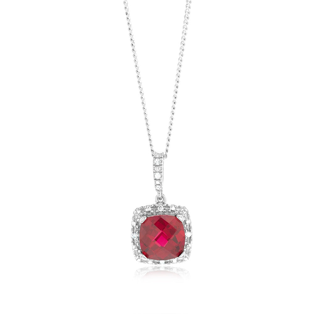 Created Ruby 1.80 Carats 7 Diamonds in Cushion Shaped Pendant Sterling Silver