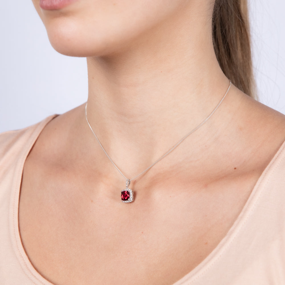 Created Ruby 1.80 Carats 7 Diamonds in Cushion Shaped Pendant Sterling Silver