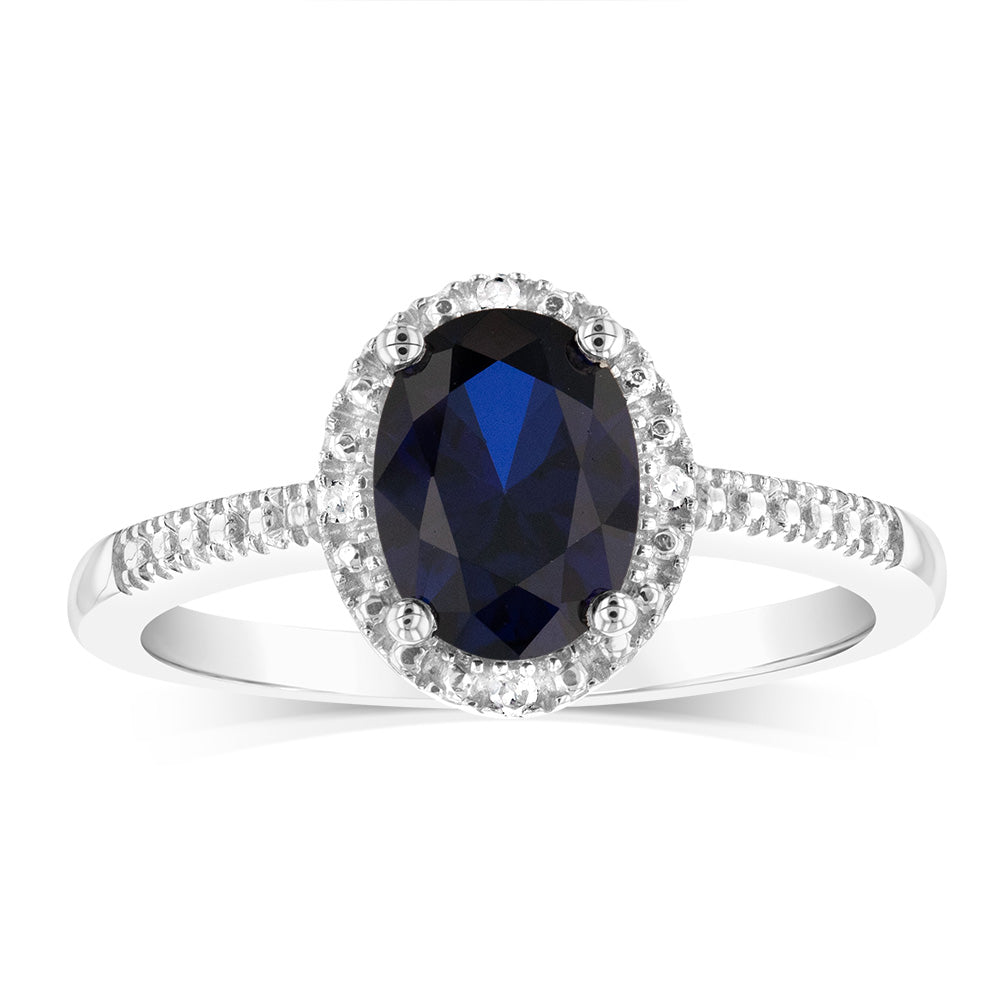 Created Sapphire 1.40 Carats Sterling Silver 4 Diamond Oval Shaped Ring