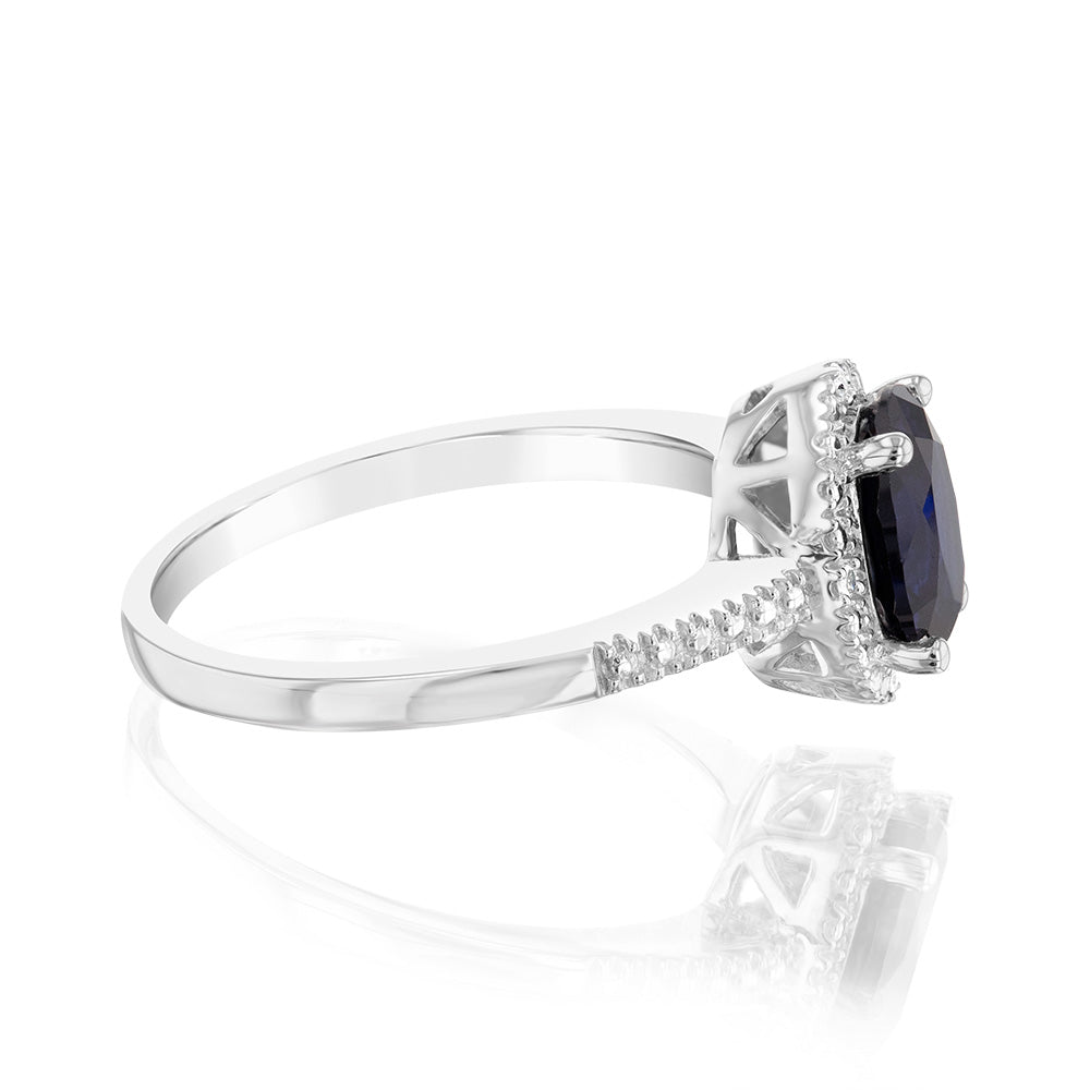 Created Sapphire 1.40 Carats Sterling Silver 4 Diamond Oval Shaped Ring