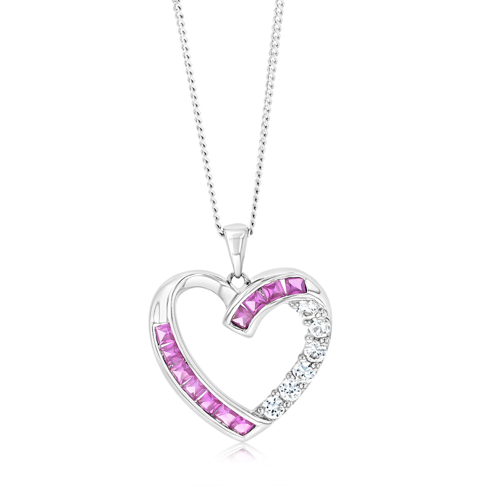 Created Pink Sapphire & Created White Sapphire Heart Pendant Sterling Silver