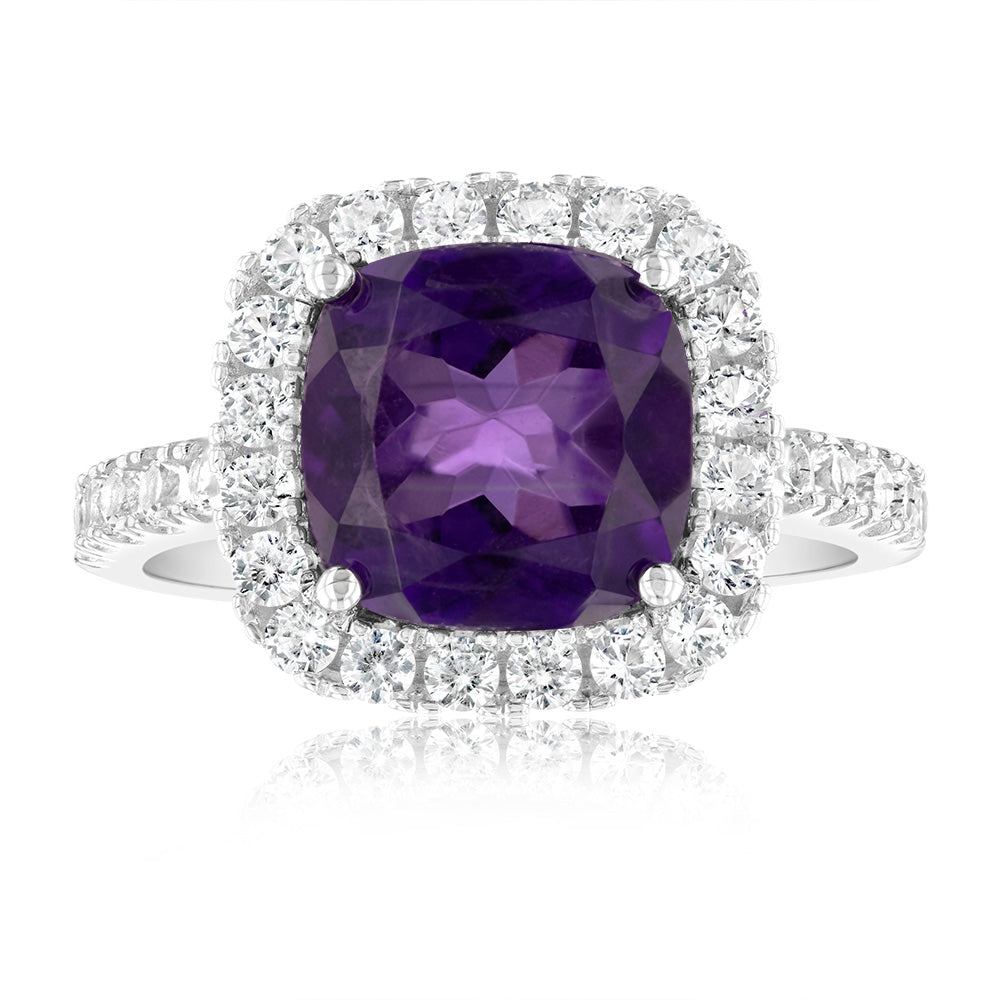 Natural Amethyst & Created White Sapphire Ring Sterling Silver