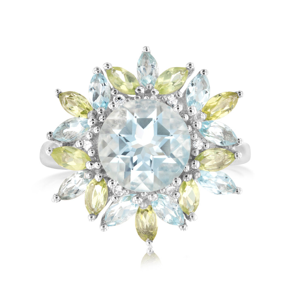 Sterling Silver 2.41 Carat Sky Blue Topaz, 0.80ct Peridot & 6Diamonds Ring