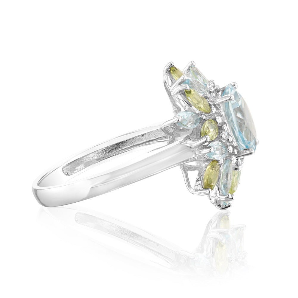 Sterling Silver 2.41 Carat Sky Blue Topaz, 0.80ct Peridot & 6Diamonds Ring