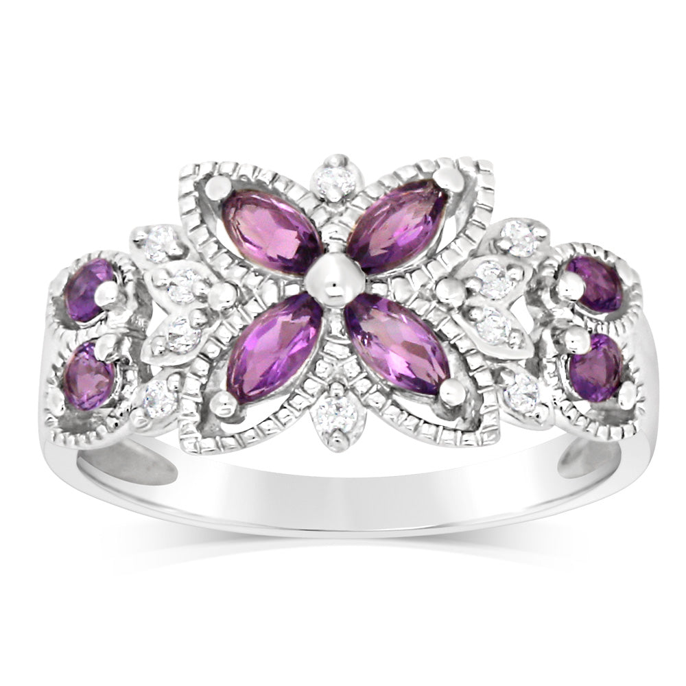 Sterling Silver Amethyst & 10 Cubic Zirconia Ring