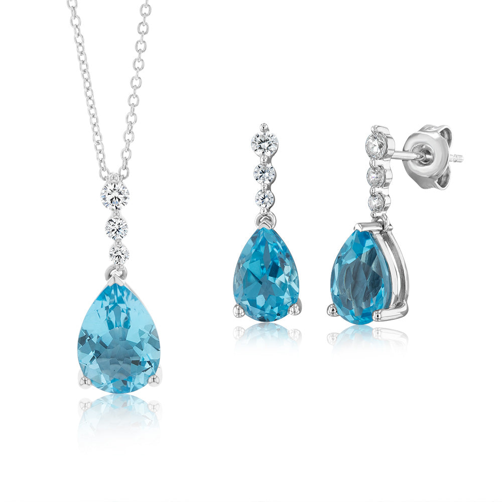 Sterling Silver Blue Topaz Cubic Zirconia Earring & Pendant Set