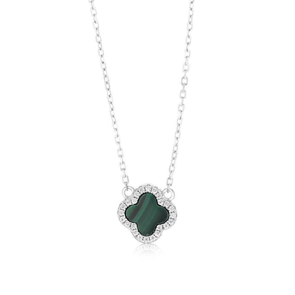 Clover Malachite And White Cubic Zirconia Pendant on 45cm Chain in Sterling Silver Rhodium Plated