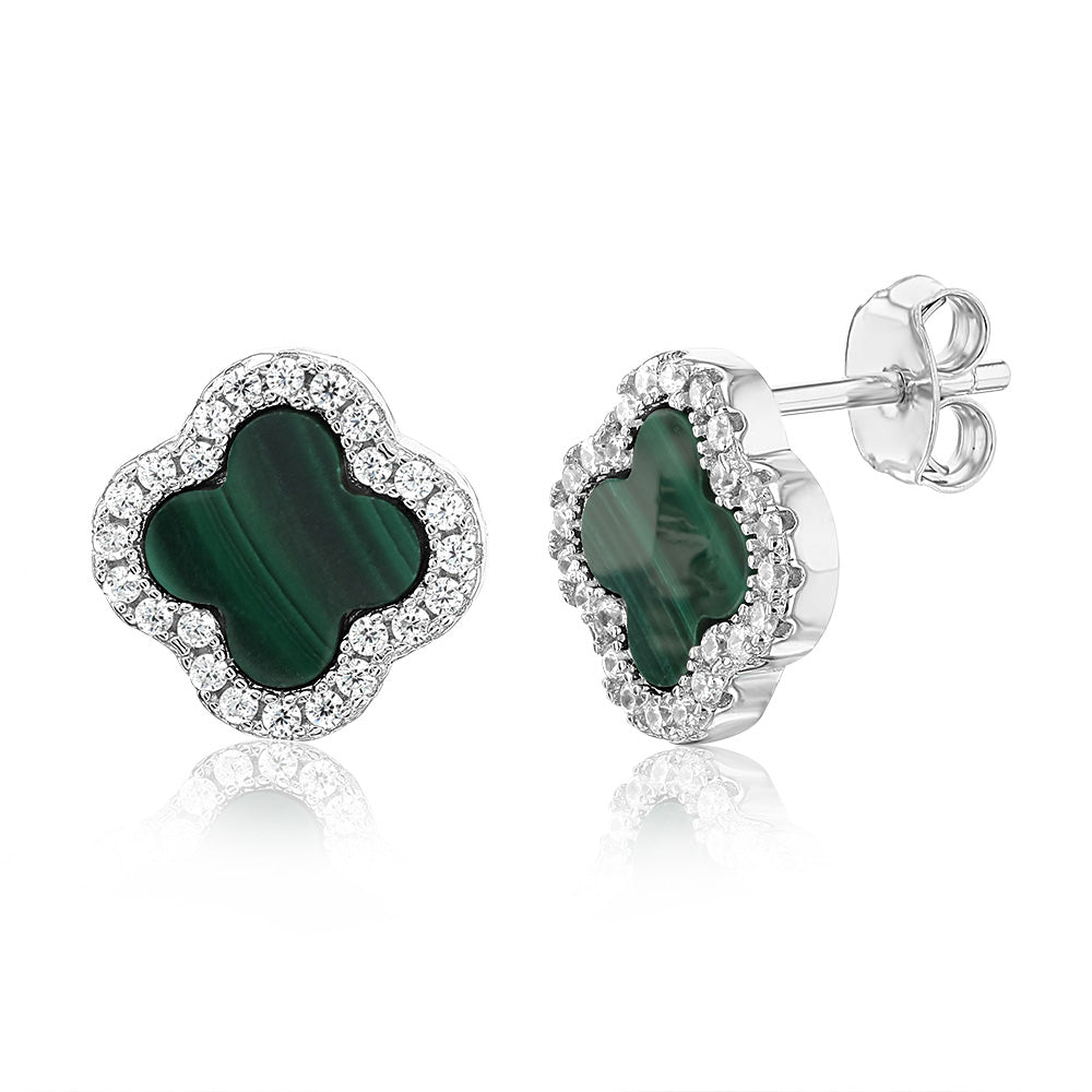 Clover Malachite & White Cubic Zirconia Stud Earrings in Sterling Silver Rhodium Plated