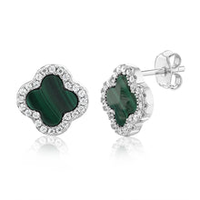 Load image into Gallery viewer, Clover Malachite &amp; White Cubic Zirconia Stud Earrings in Sterling Silver Rhodium Plated