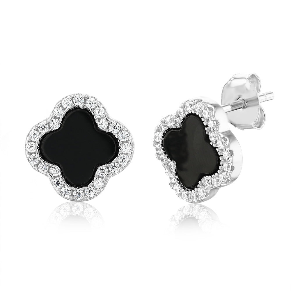 Clover Black Agate & White Cubic Zirconia Stud Earrings in Sterling Silver Rhodium Plated