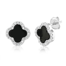 Load image into Gallery viewer, Clover Black Agate &amp; White Cubic Zirconia Stud Earrings in Sterling Silver Rhodium Plated