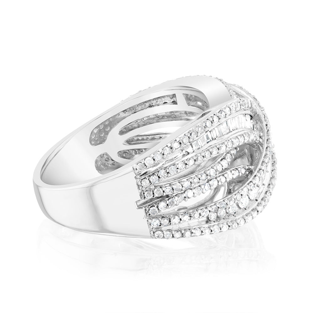 Sterling Silver 0.95 Carat Diamond Ring With Round and Baguette Cut Diamonds