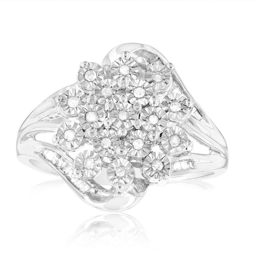 Sterling Silver 1/6 Carat Diamond Ring With Round and Baguette Cut Diamonds