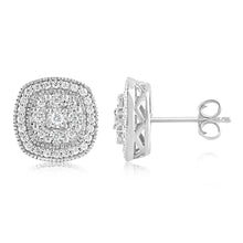 Load image into Gallery viewer, Sterling Silver 0.45 Carat Diamond Cushion Shape Cluster Stud Earrings with Round Brilliant Diamonds