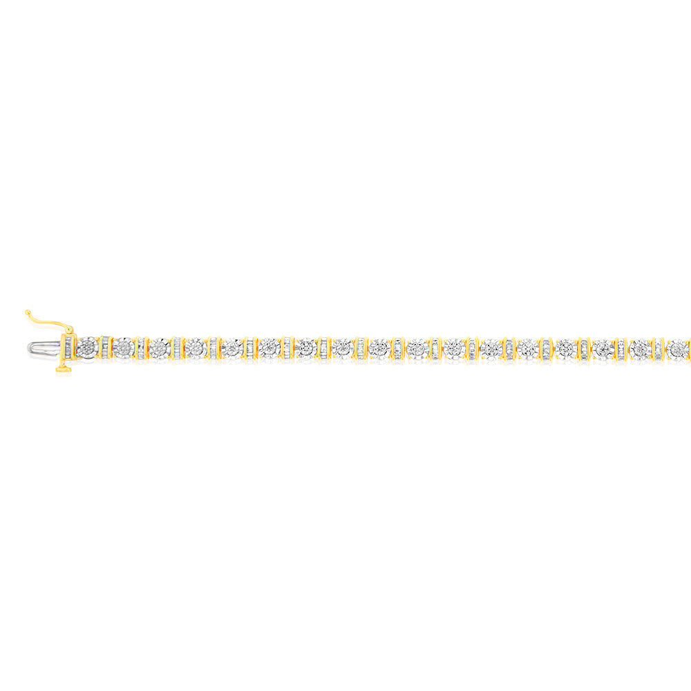 Gold Plated Sterling Silver 1/5 Carat Diamond 18.5cm Bracelet With 59 Round and Baguette Cut Diamonds