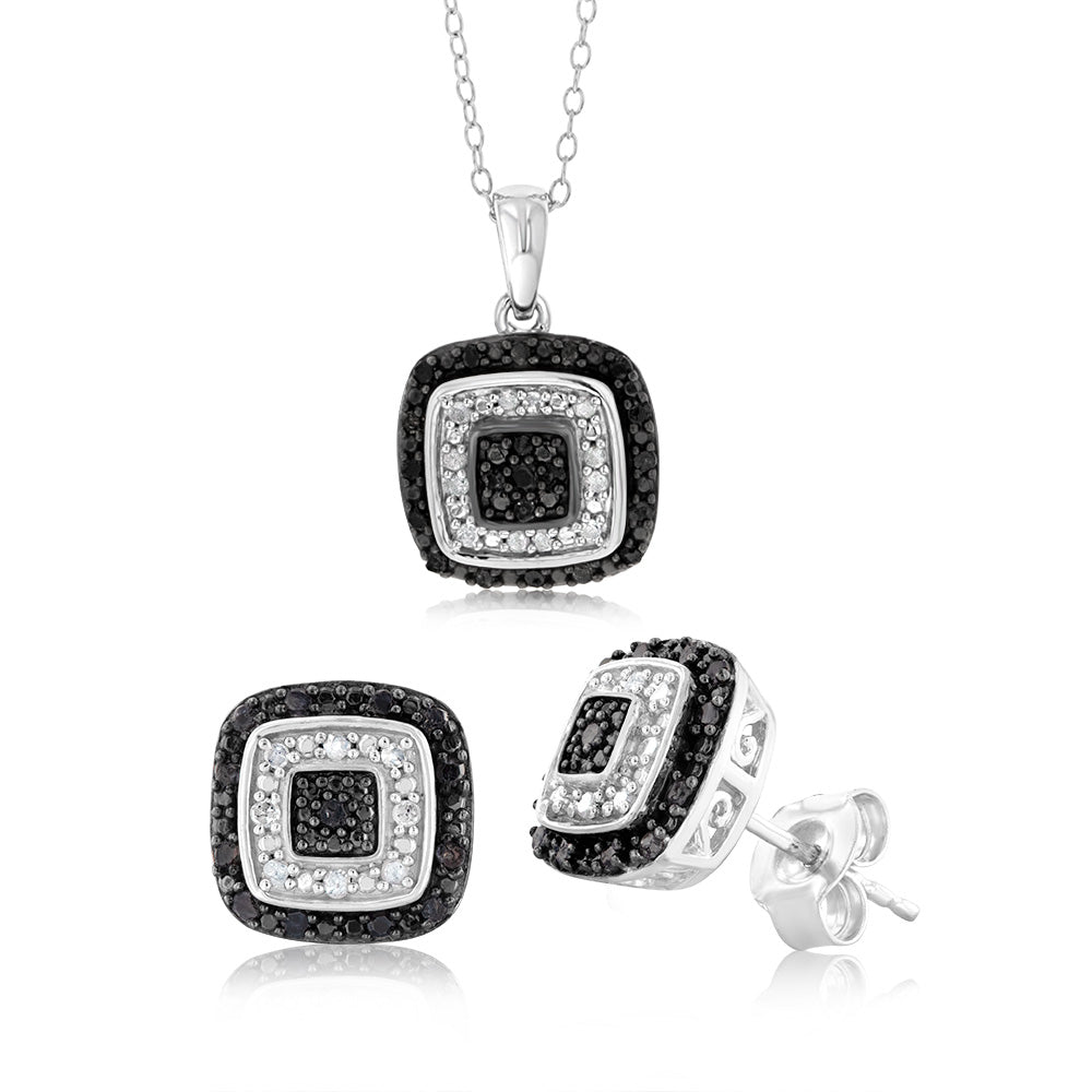 Sterling Silver 0.45 Carat Black Diamond Earring & Pendant Set on 45cm Chain