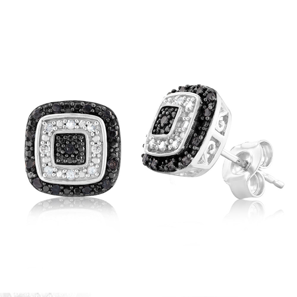 Sterling Silver 0.45 Carat Black Diamond Earring & Pendant Set on 45cm Chain