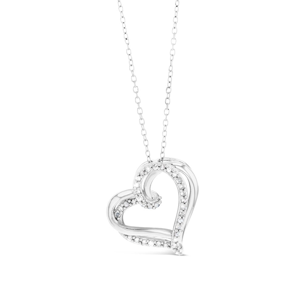 Sterling Silver Double Heart Diamond Pendant with 35 Round Brilliant Cut Diamonds on 46cm Chain