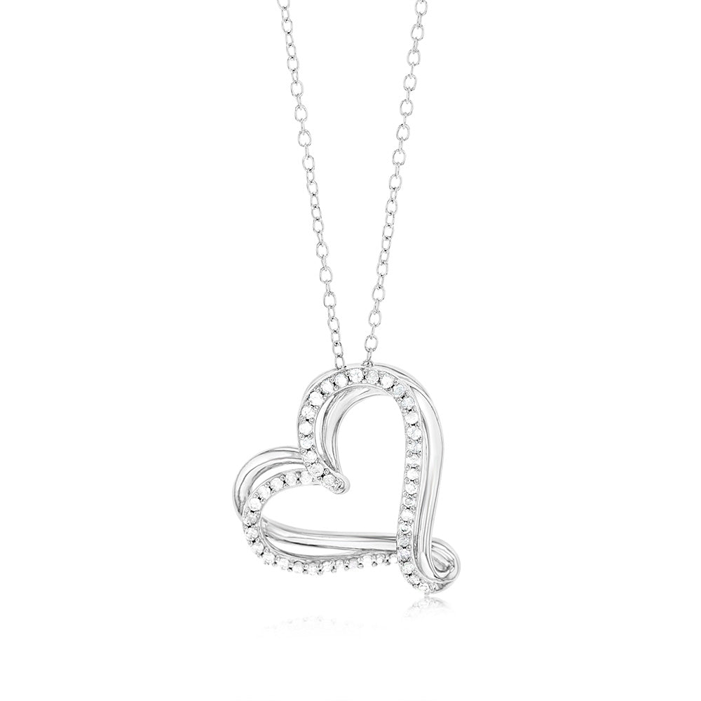 Sterling Silver Double Heart Diamond Pendant with 47 Round Brilliant Cut Diamonds on 45cm Chain