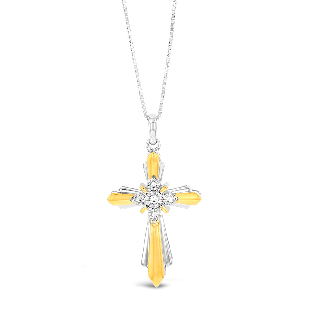 Gold Plated Sterling Silver Cross Diamond Pendant with 5 Round Diamonds on 46cm Chain