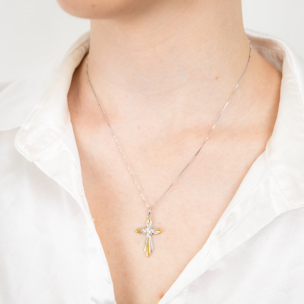 Gold Plated Sterling Silver Cross Diamond Pendant with 5 Round Diamonds on 46cm Chain