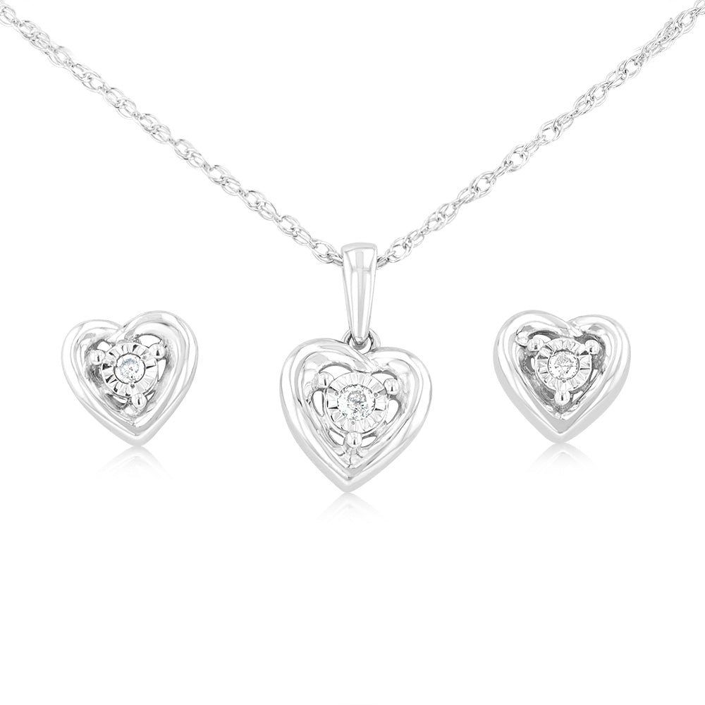 Sterling Siver  0.08 Carat Diamonds Heart Shaped Earring and Pendant Set on 45cm Chain