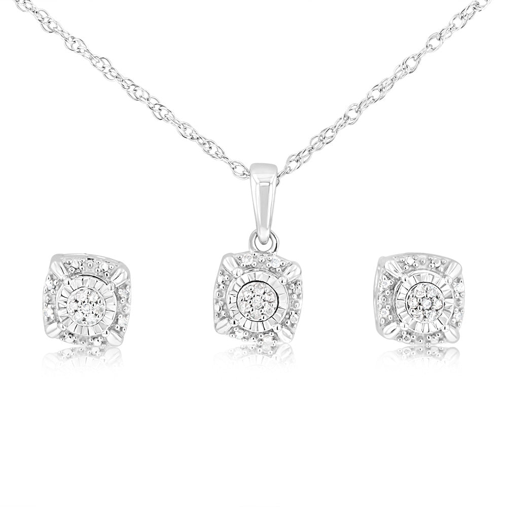 Sterling Siver & Round Shaped Earring, Pendant Set with 1/10 Carat Natural Diamonds