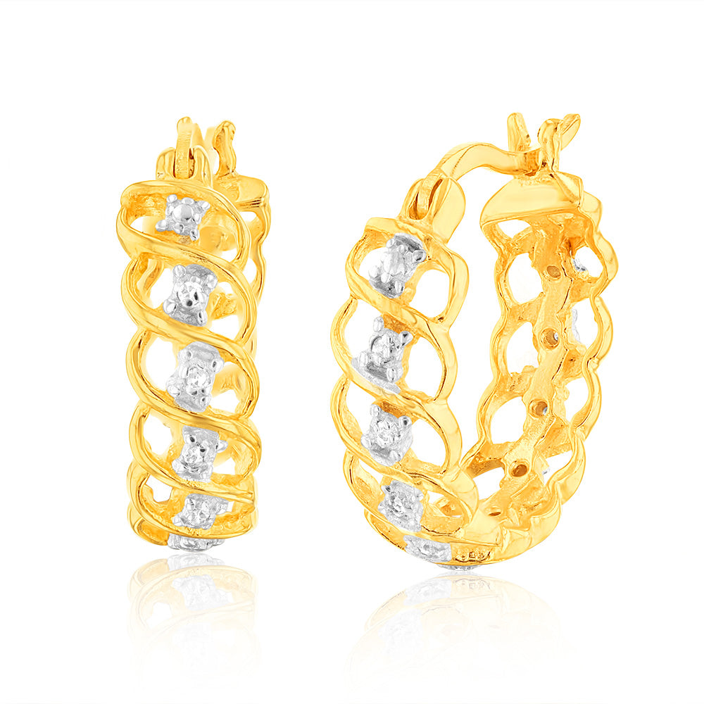 Gold Plated Sterling Silver 1/10 Carat Diamond Hoop Earrings