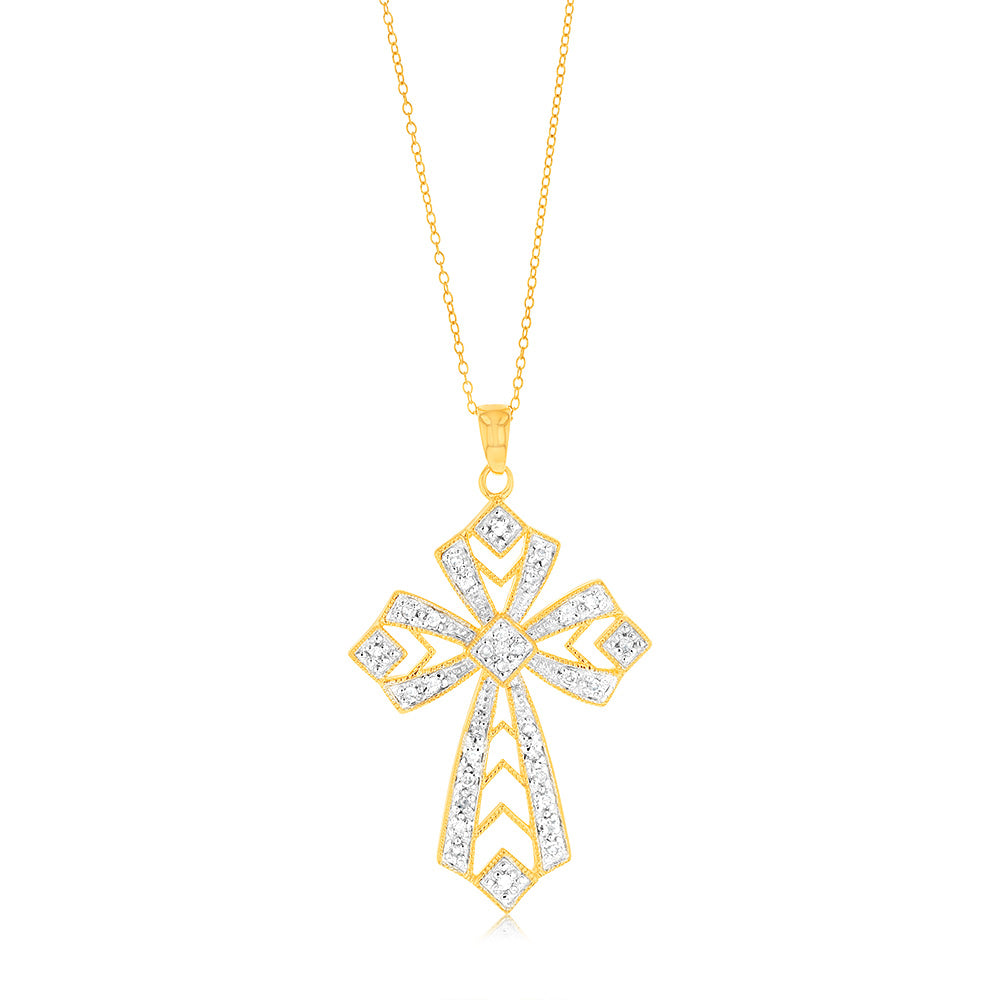 Gold Plated Sterling Silver 1/5 Carat Diamond Cross Pendant on 45cm Chain