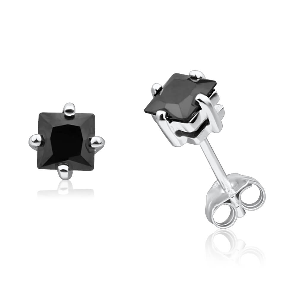 Sterling Silver Black Cubic Zirconia 5mm Princess Stud Earrings