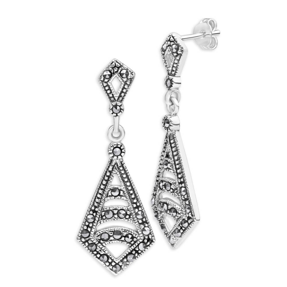 Sterling Silver Cubic Zirconia + Marcasite Drop Earrings