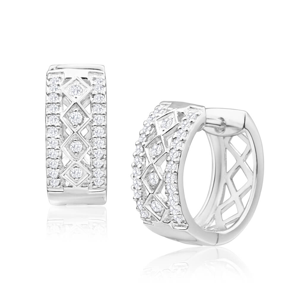 Sterling Silver Cubic Zirconia Fancy Huggie 12mm Hoop Earrings