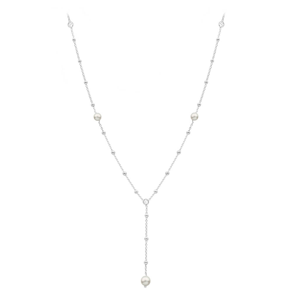 Sterling Silver Ball Link Simulated Pearl + Zirconia Y Chain