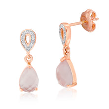 Load image into Gallery viewer, Gold Plated Sterling Silver Cubic Zirconia + Rose Quartz Drop Earrings