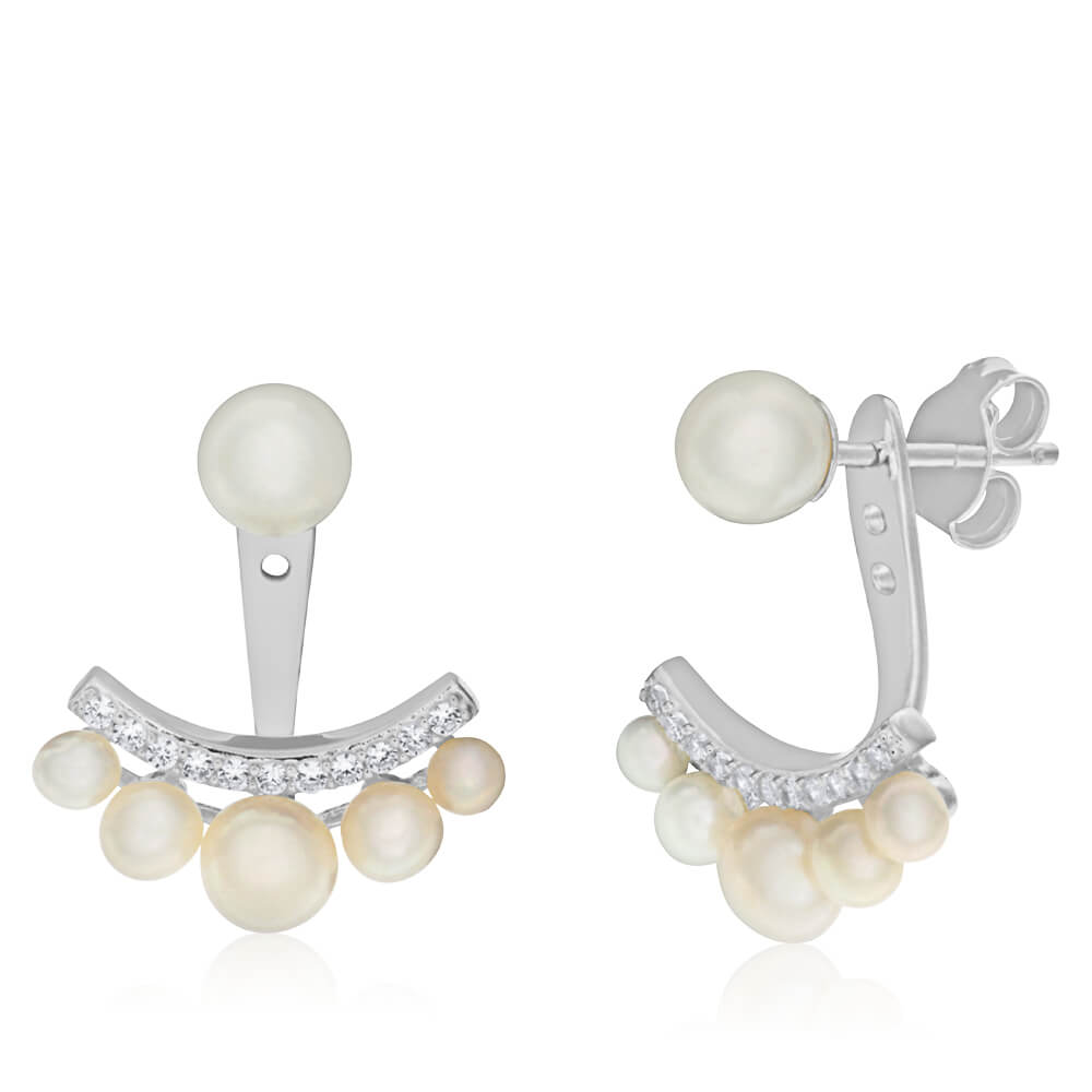 Sterling Silver Freshwater Pearl and Cubic Zirconia Ear Jacket Stud Earrings