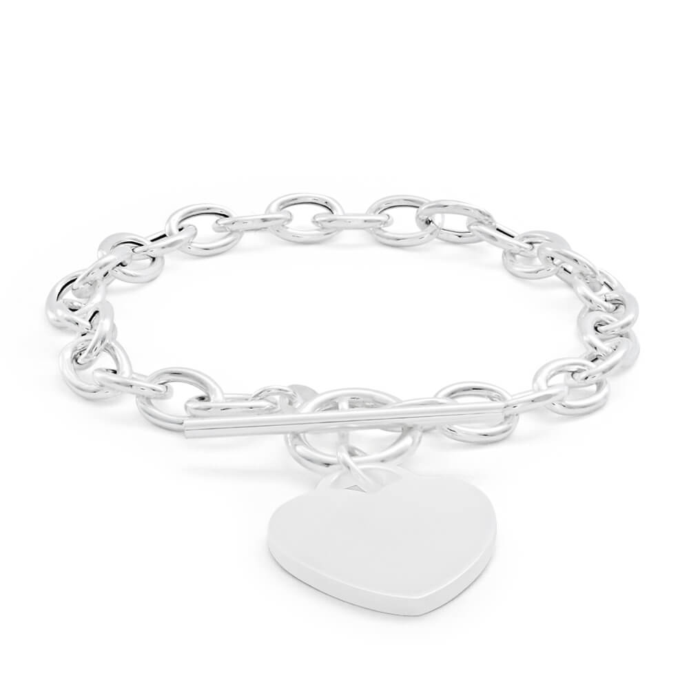 Sterling Silver Fancy Heart Charm T Bar Bracelet